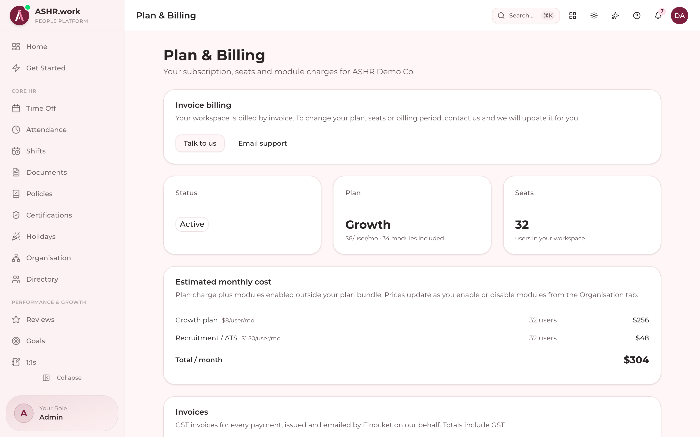 Plan & billing for the workspace.