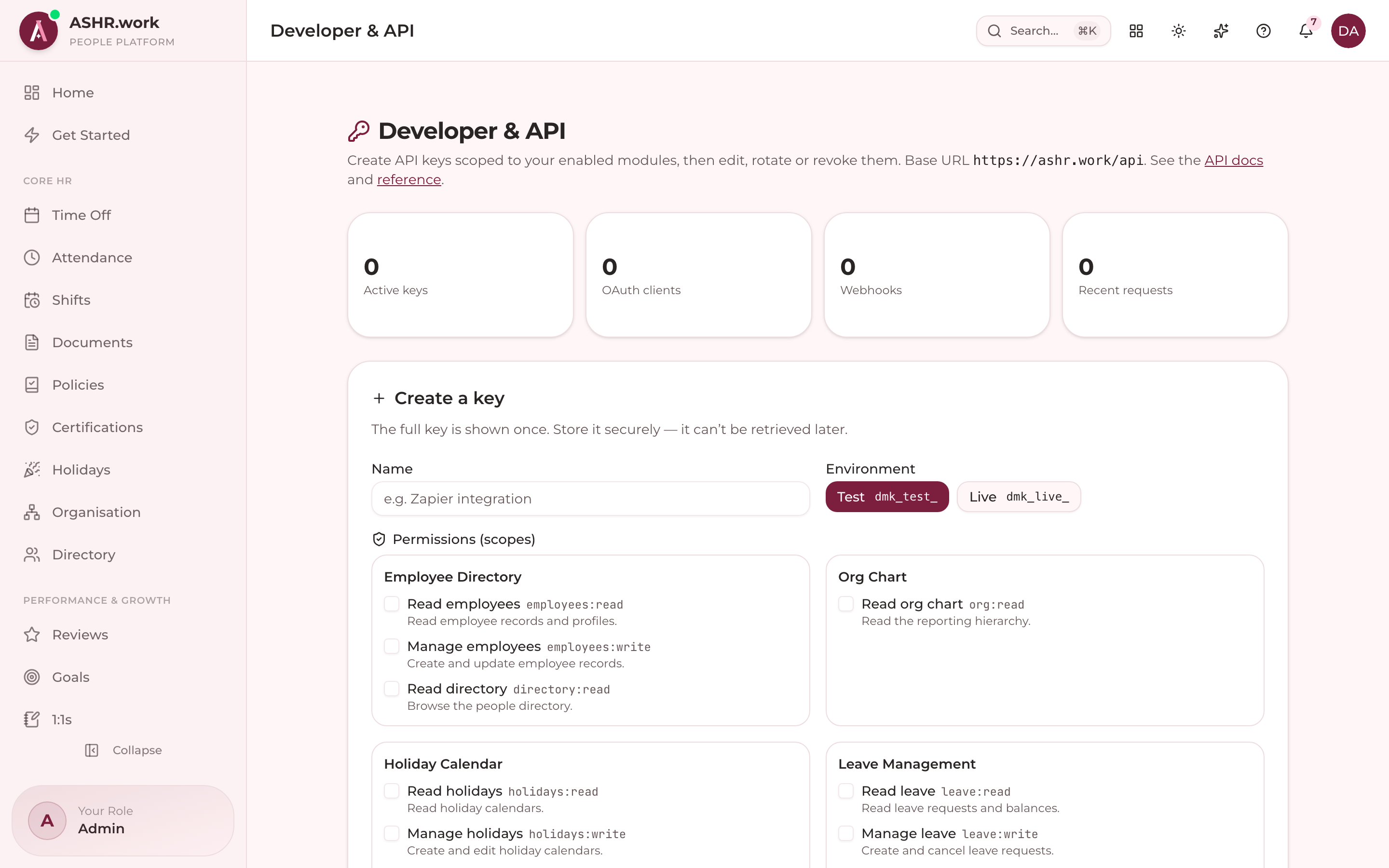 Developer & API: keys, scopes and rotation.