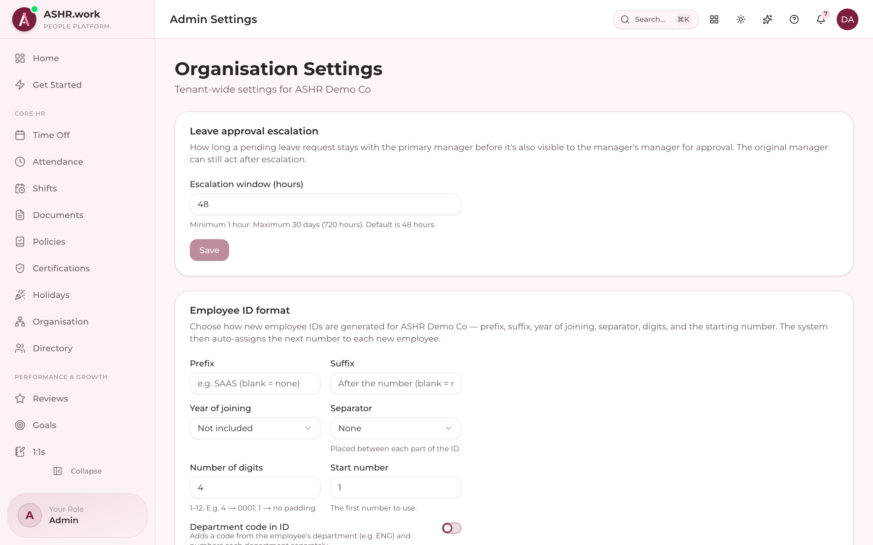 Organisation settings, where leave escalation is configured.