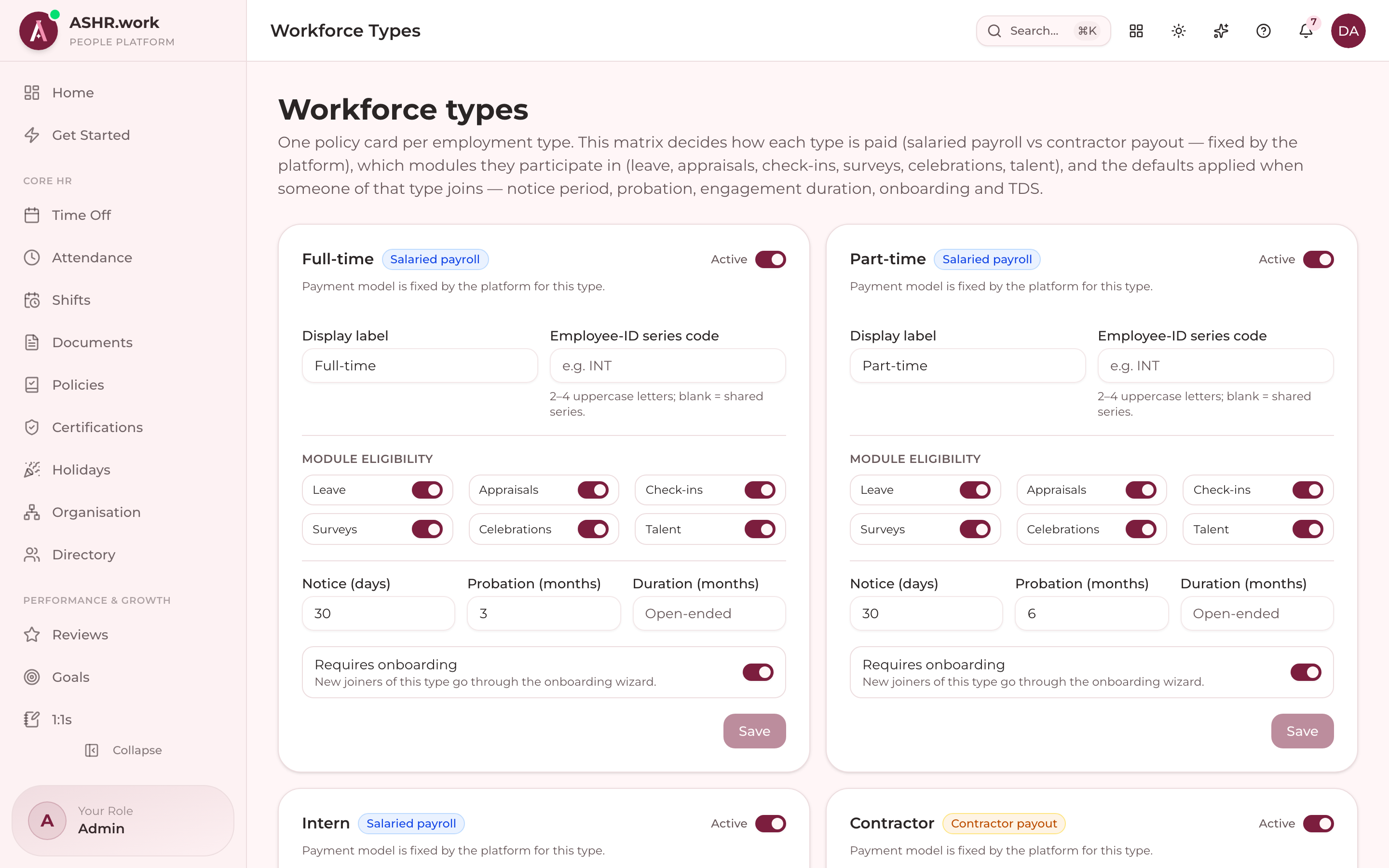 Configuring workforce types (full-time, contractor, intern…).