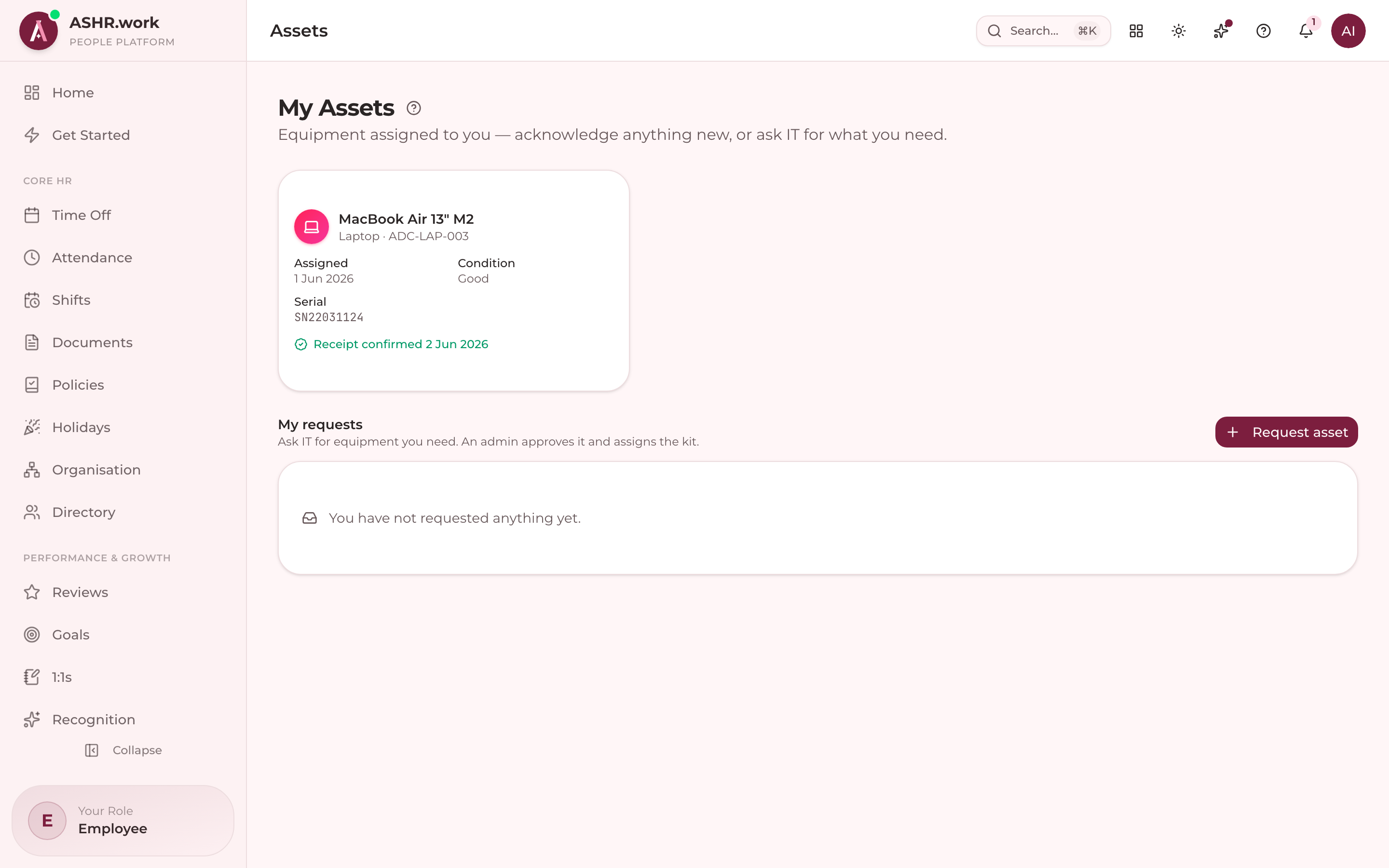 An employee's own assigned assets, and requesting a new one.