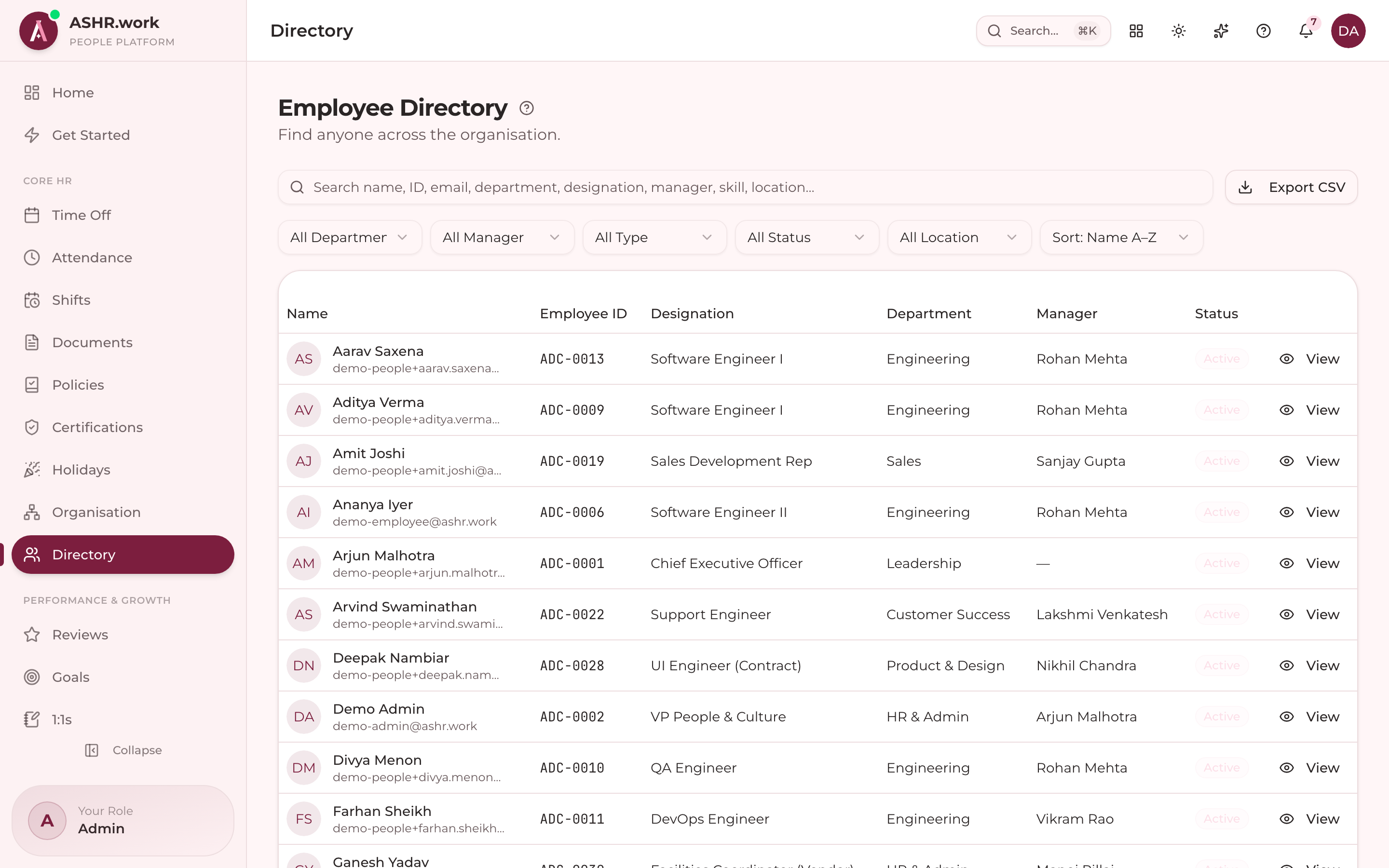 Employee directory with search, department filters and profile cards.