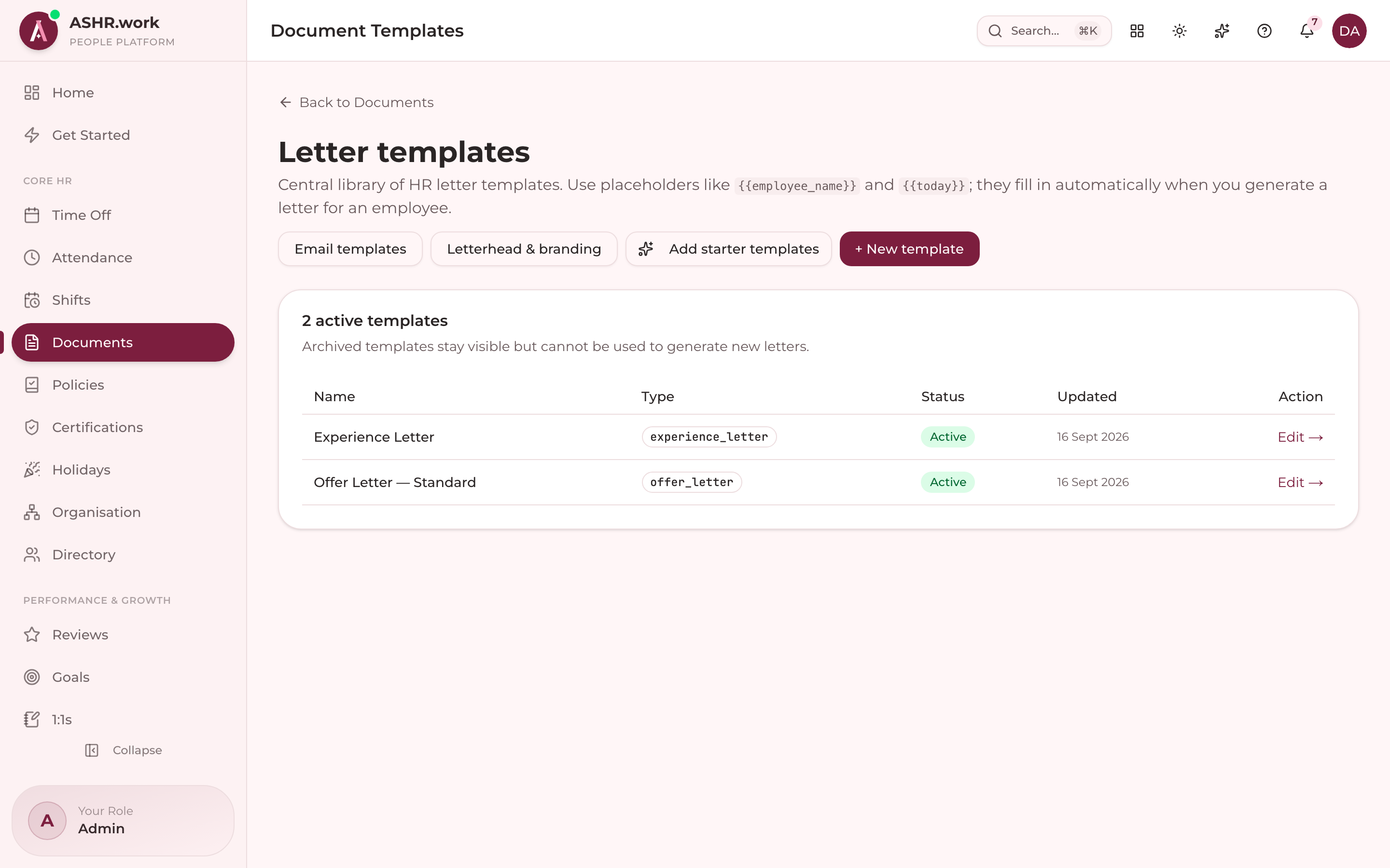 The letter template library.