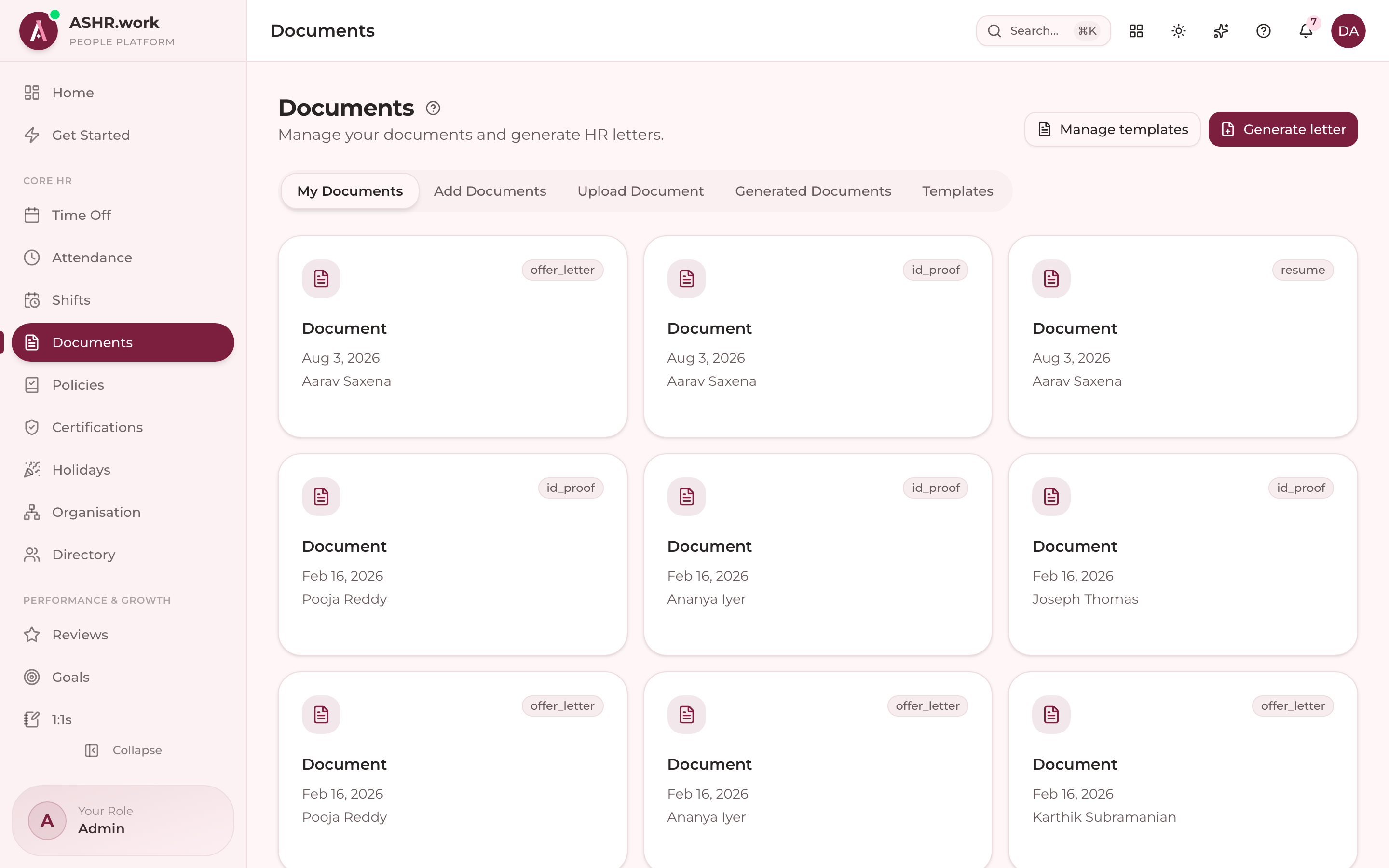 Documents and generated letters.