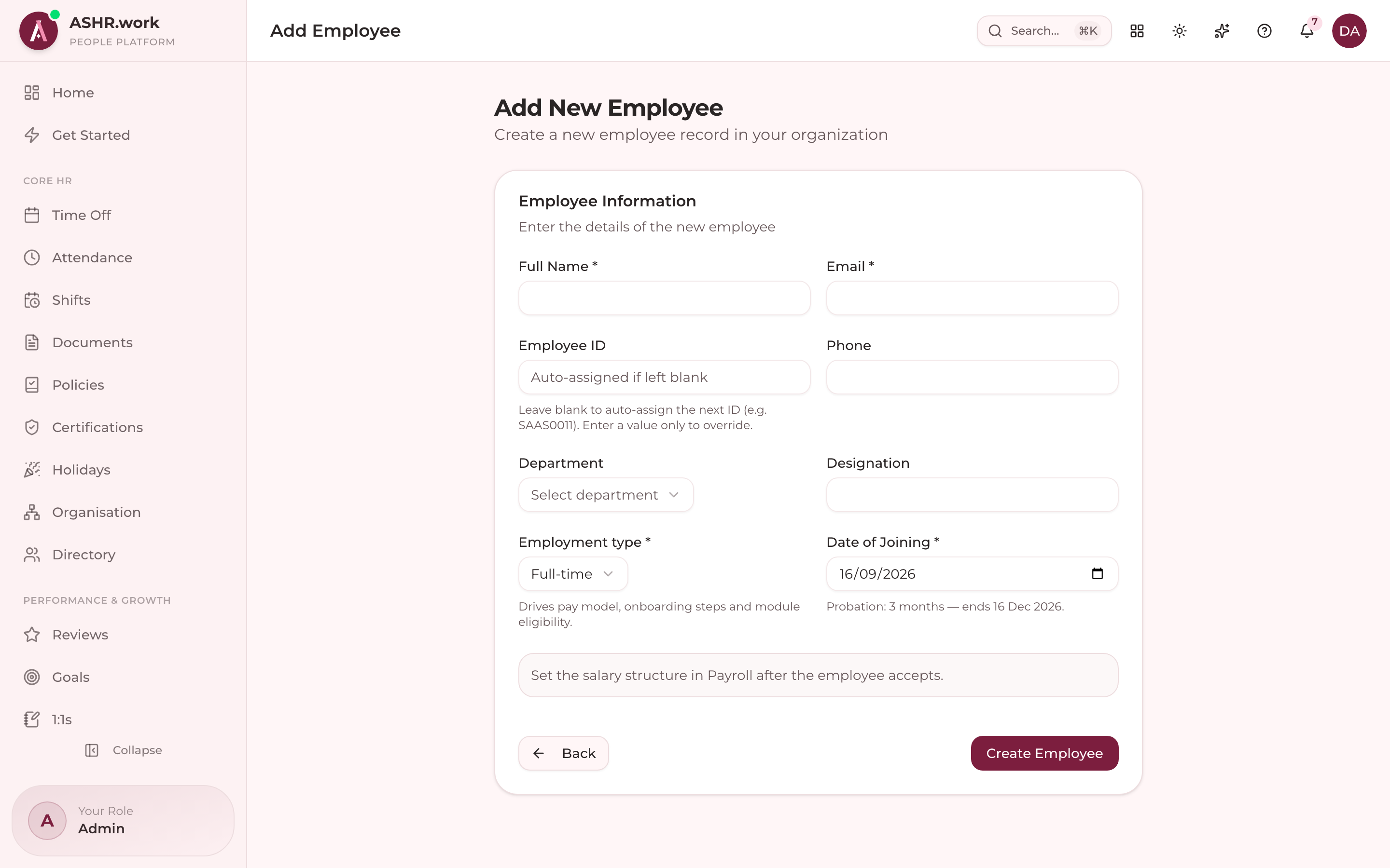 Adding an employee — the record that anchors payroll and leave.
