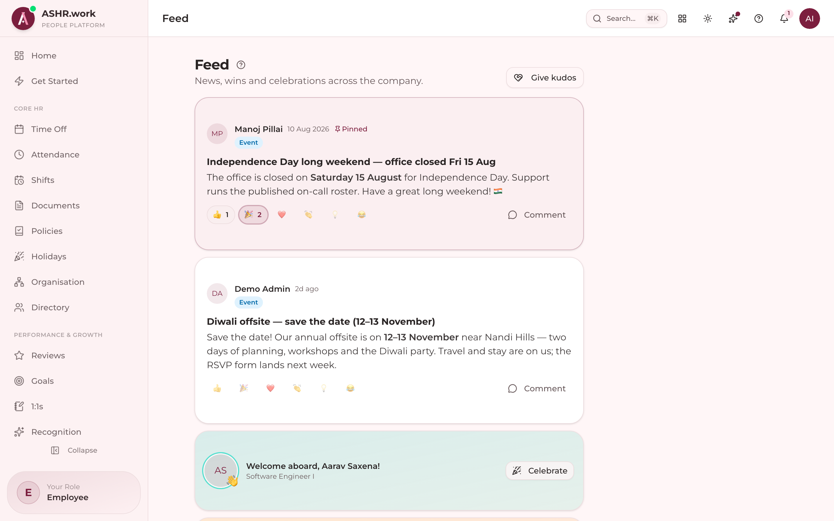 An employee's view of the company feed, including birthday/anniversary cards.