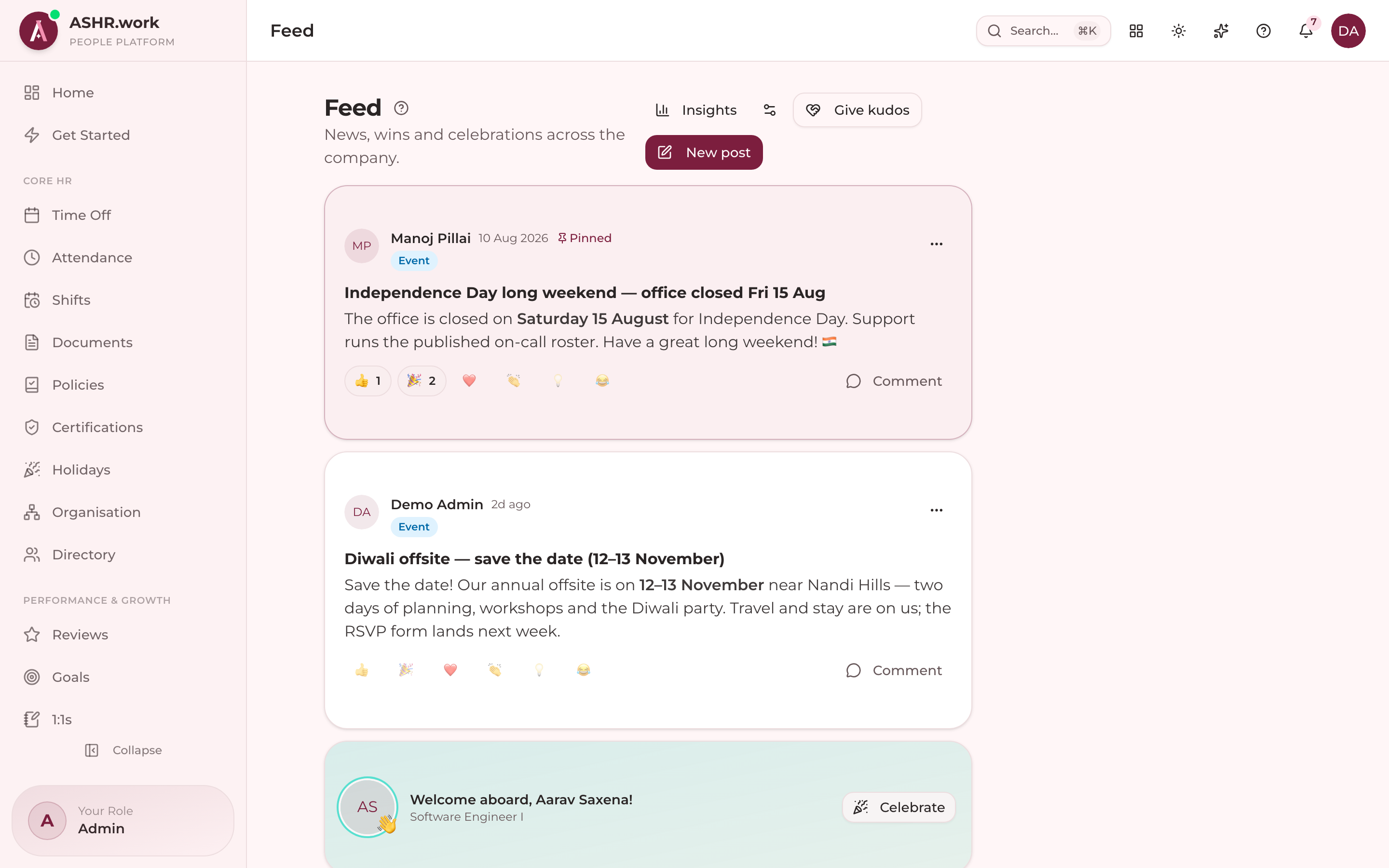The company feed: announcements, comments and acknowledgements.