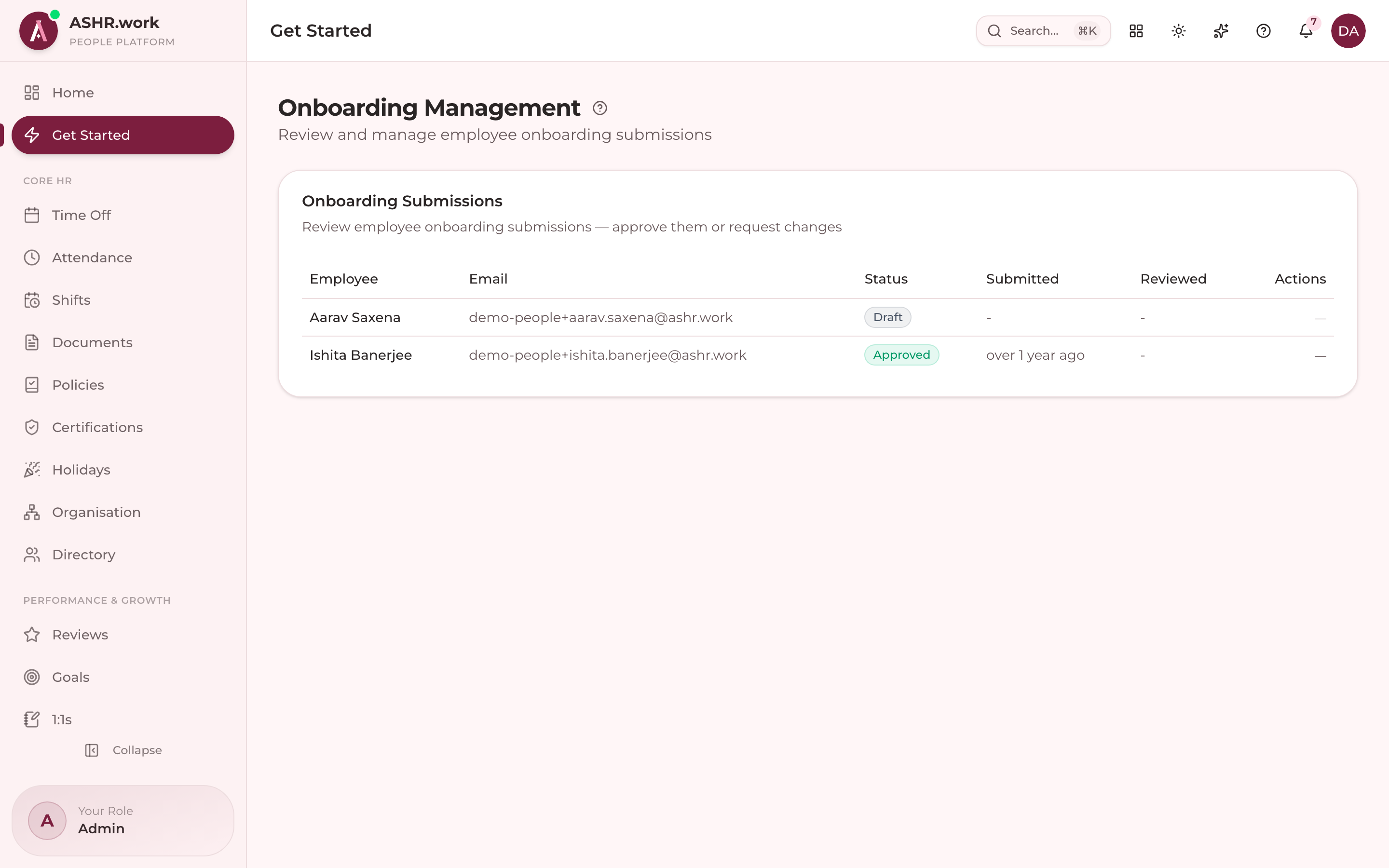 The admin's Get Started view, including pending onboarding submissions to review.