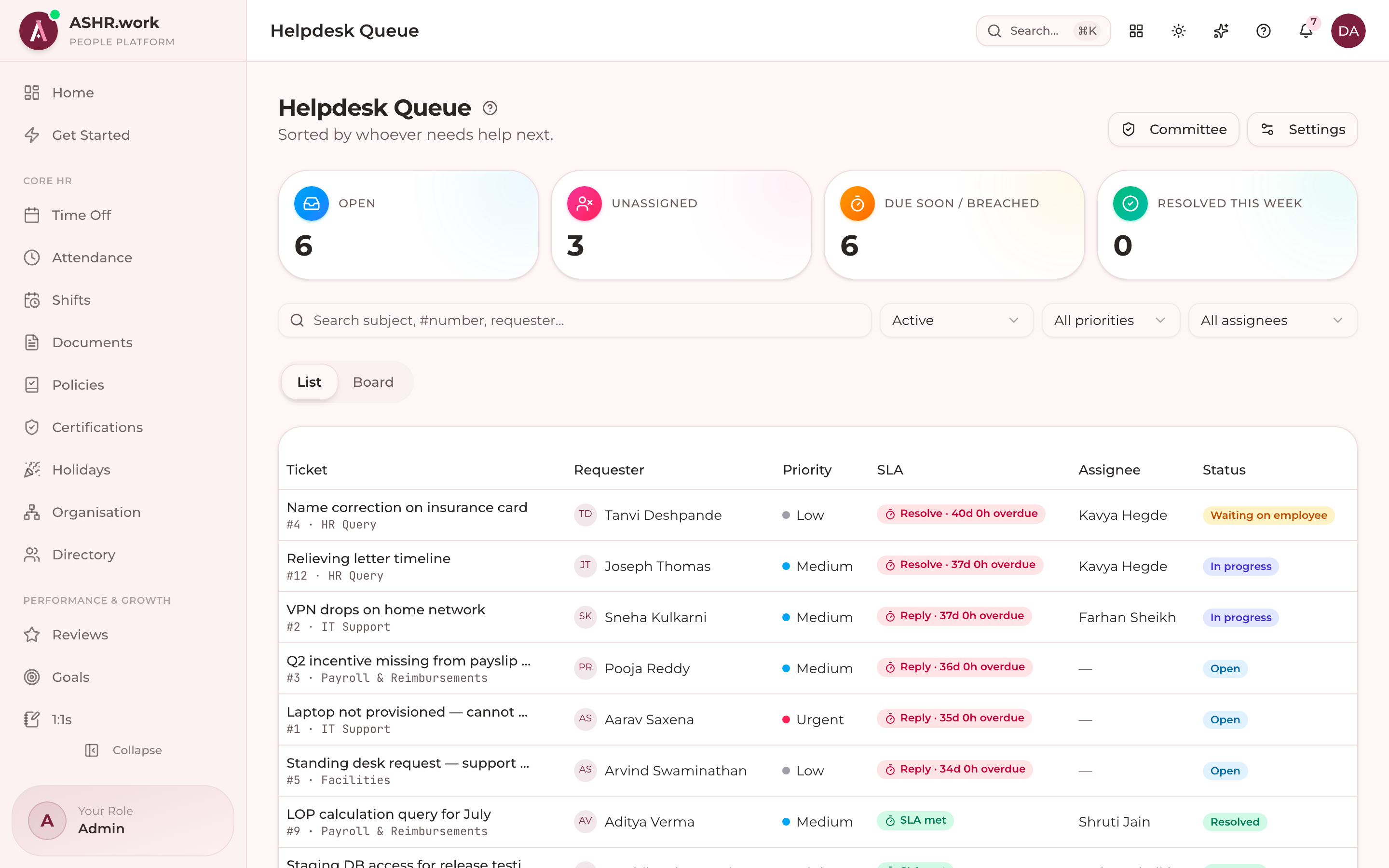 The helpdesk queue with SLA state.