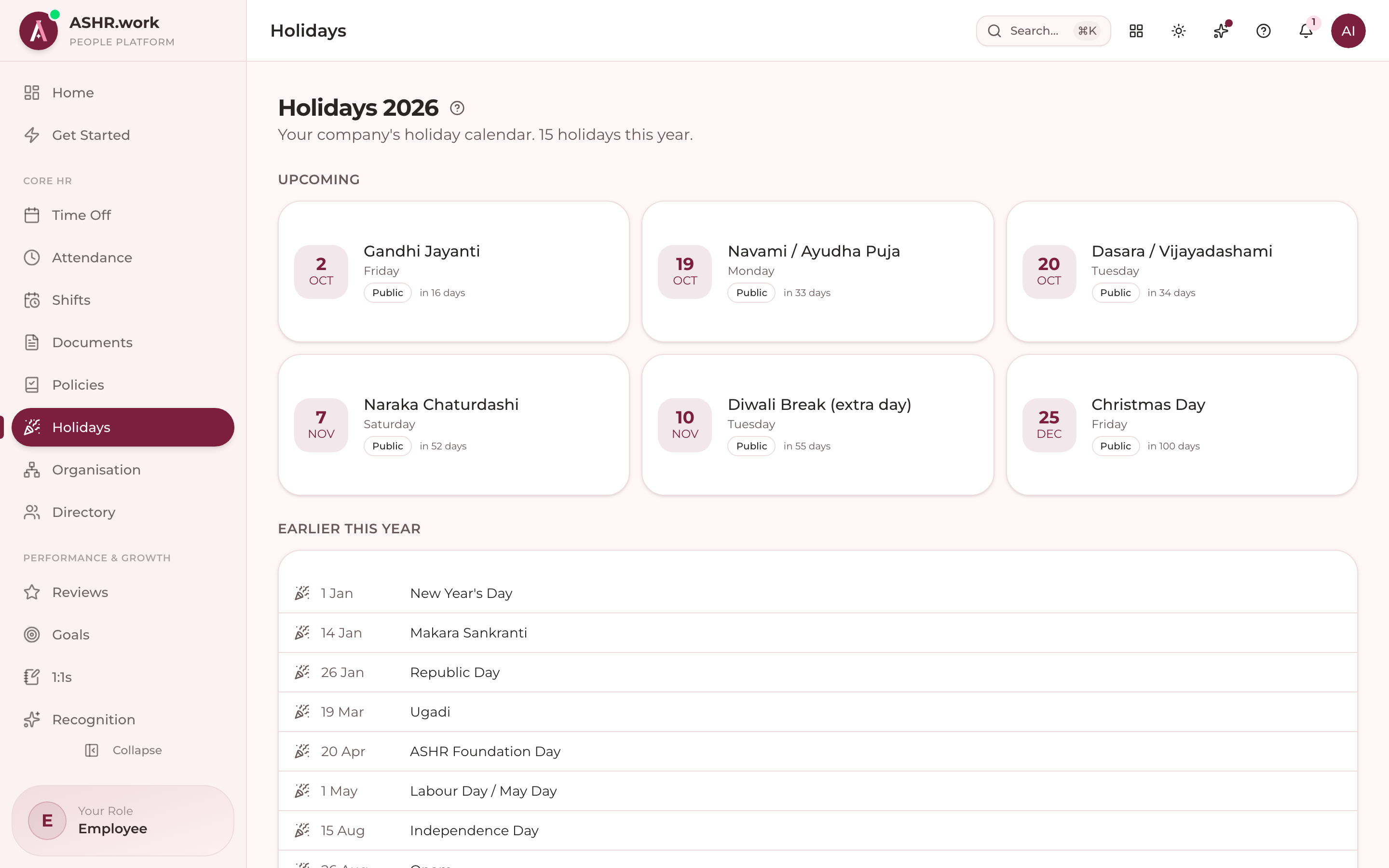 An employee's view of the holiday calendar.