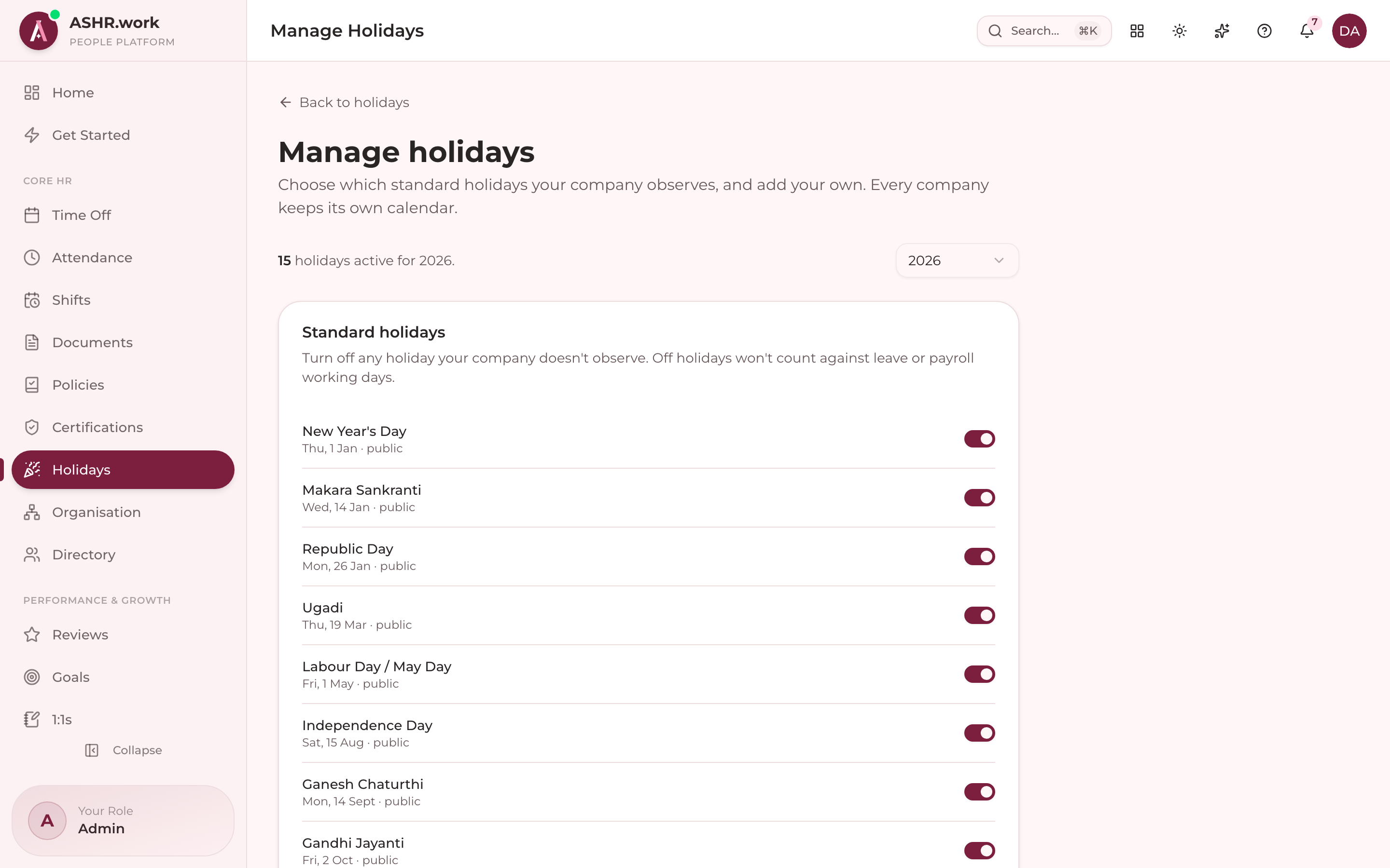 The holiday calendar admins publish each year.