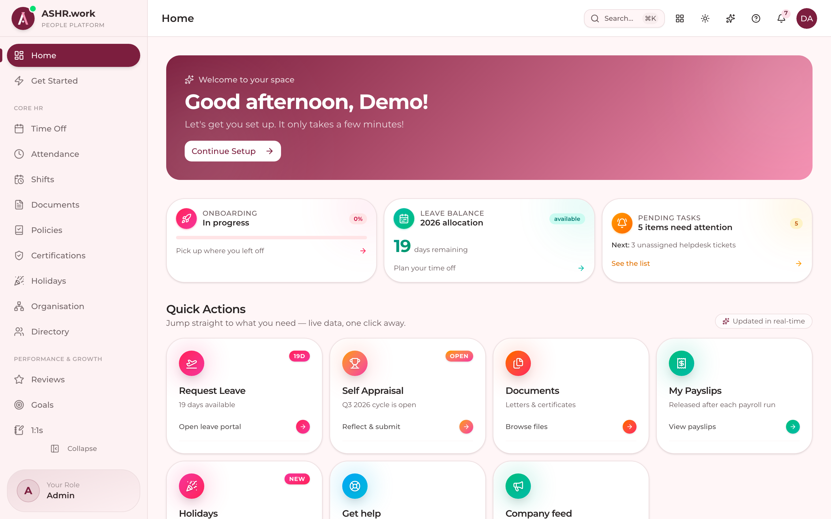 The admin home dashboard: pending tasks, headcount and quick actions.