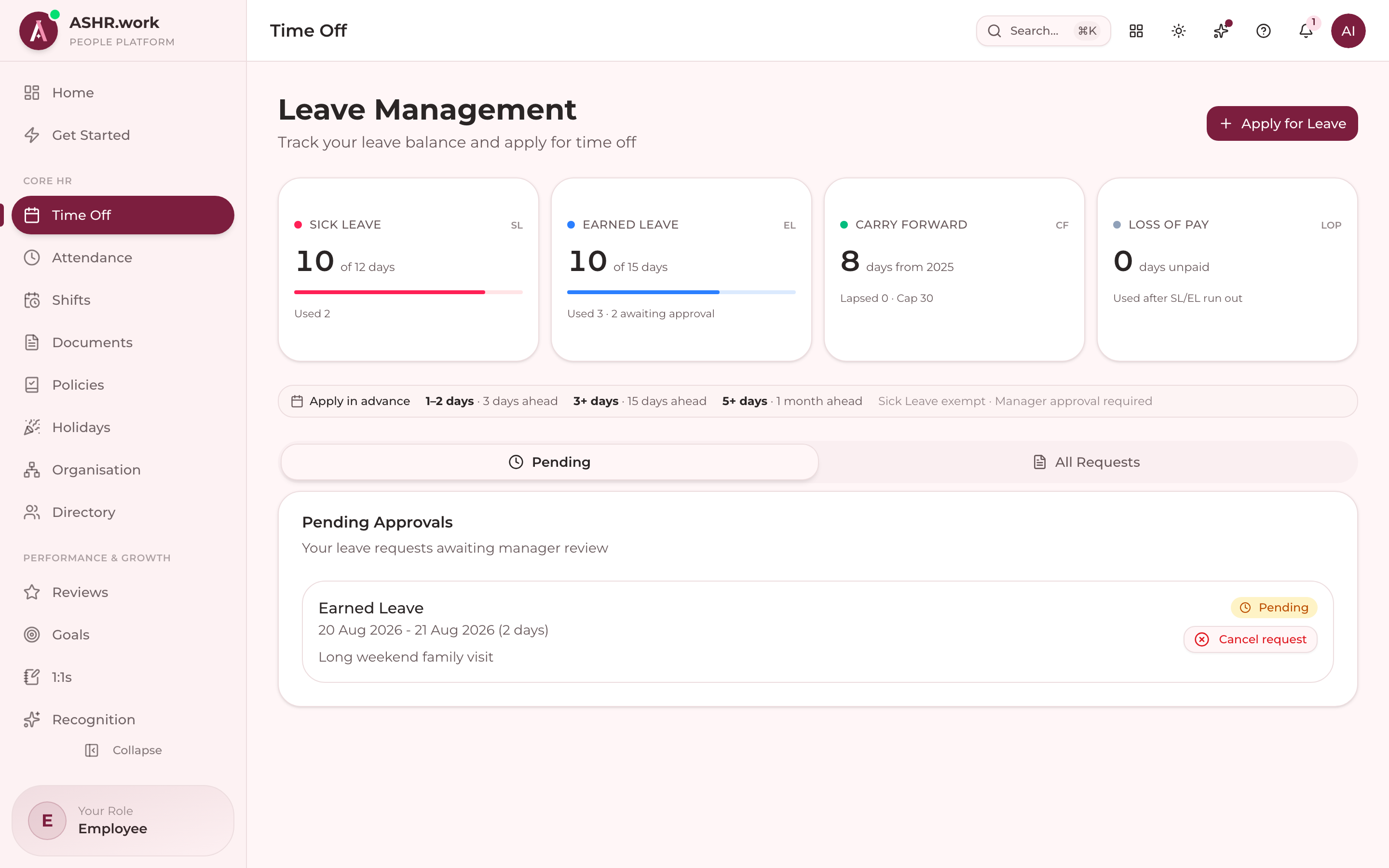 The leave screen, showing current balances and accrual.