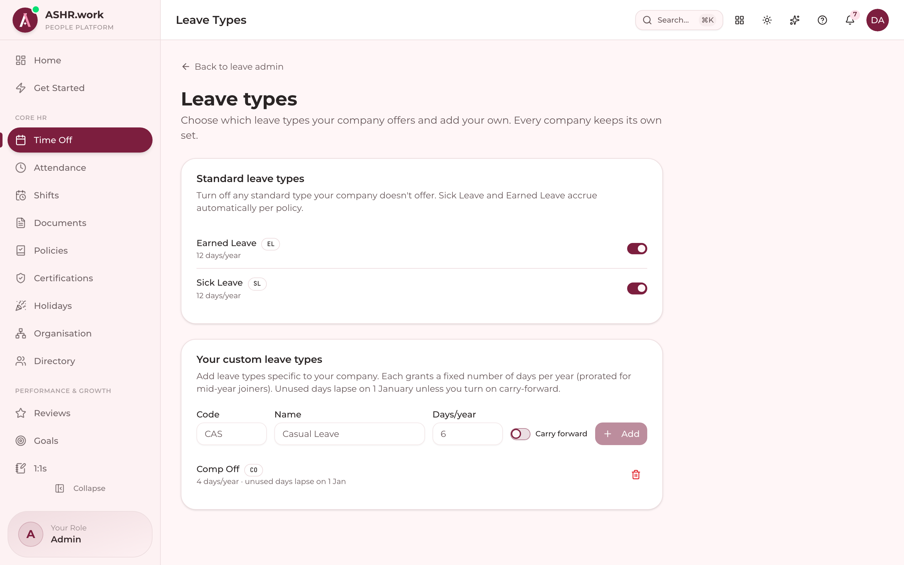 Leave types and their accrual rules.