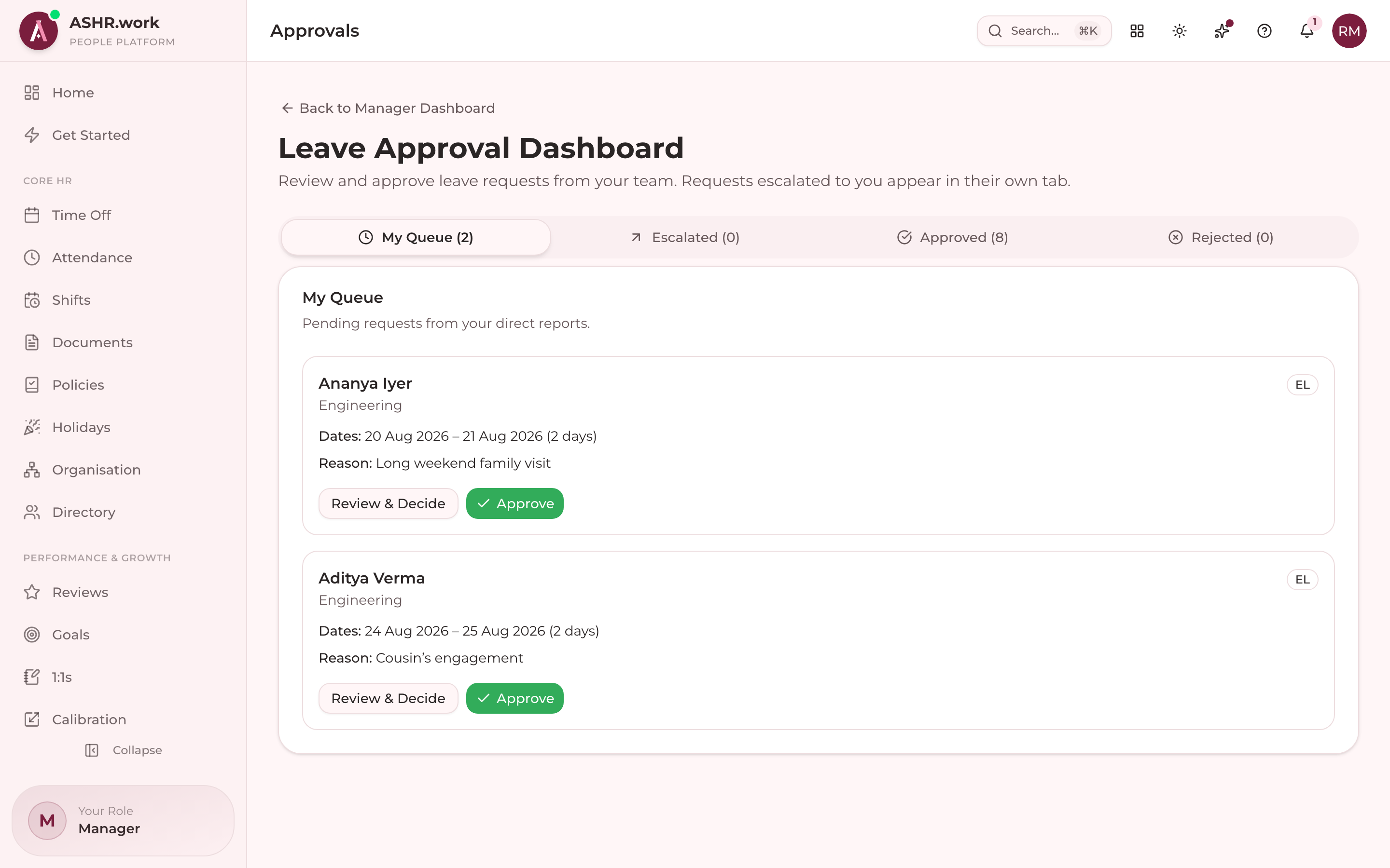 The manager approvals queue, where escalated leave requests surface.
