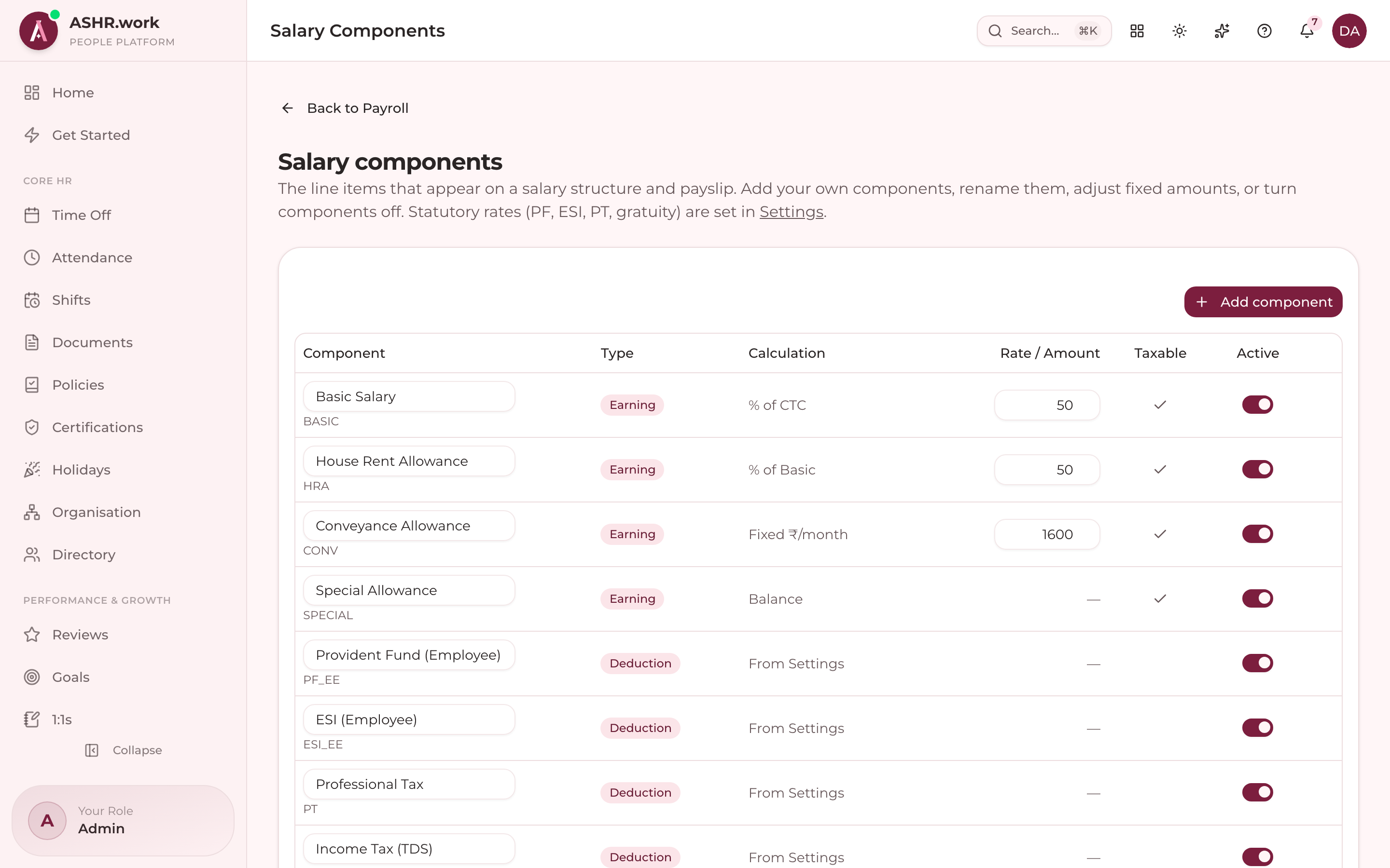 Salary components — earnings and deductions the engine composes.