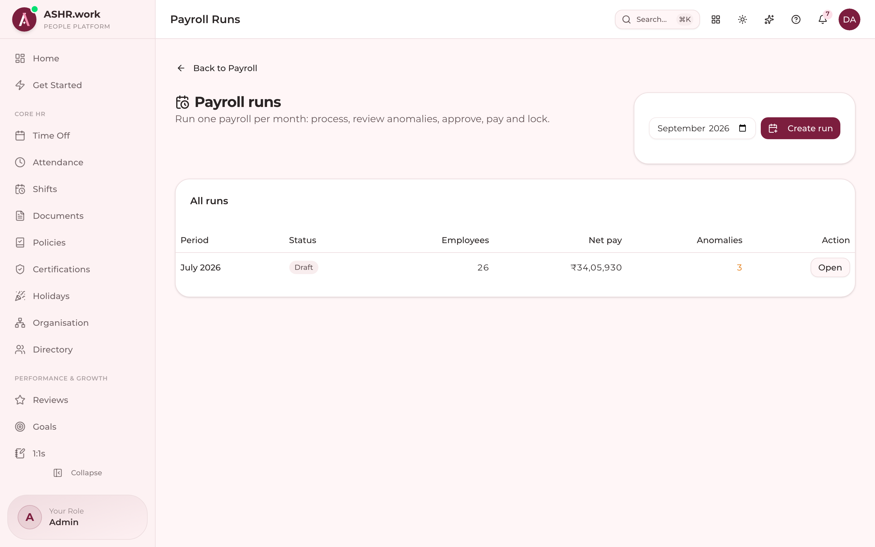 Payroll runs — the review queue (draft → review → approved → paid → locked).
