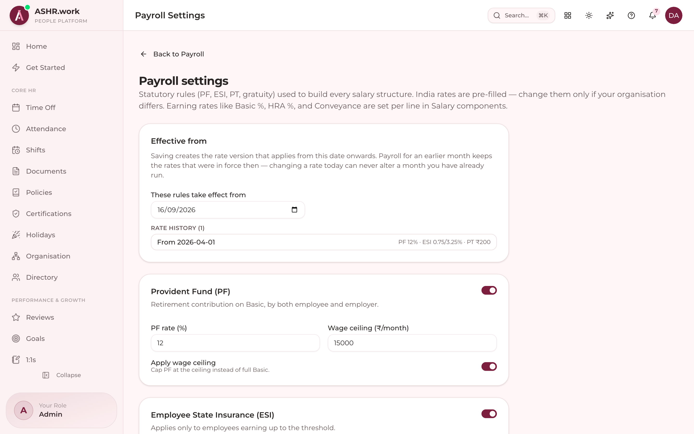 Payroll settings — PF, ESI and professional-tax configuration.