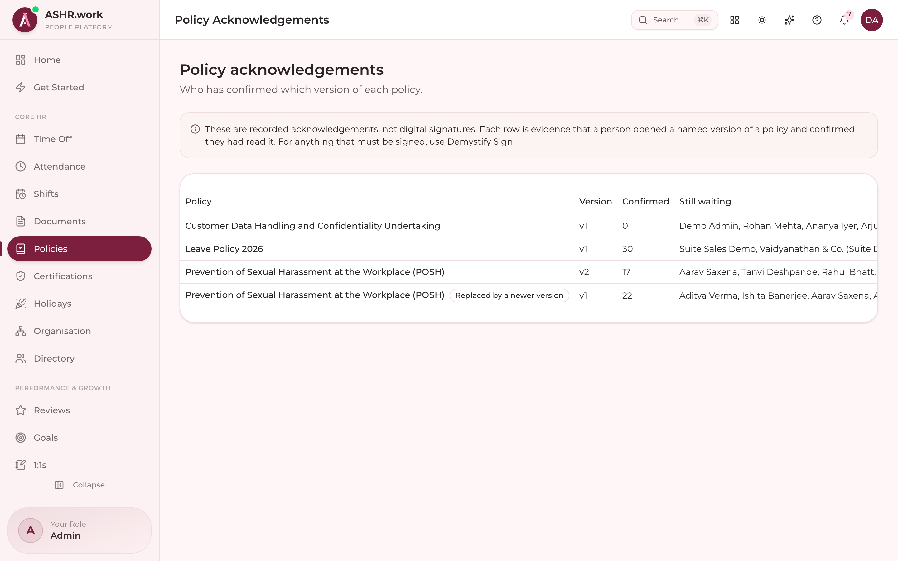 Seeing who has acknowledged a policy.