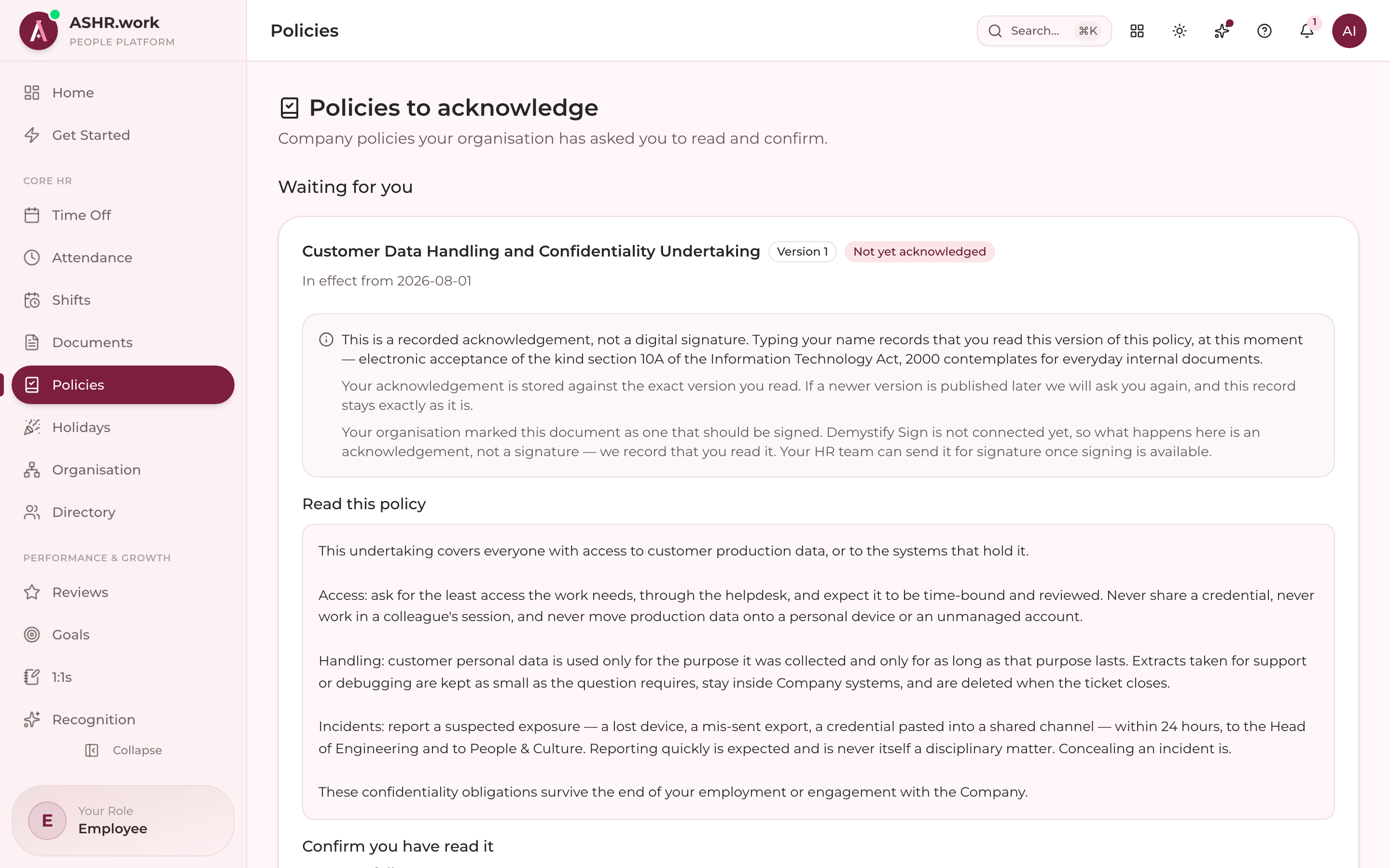 Acknowledging a company policy.