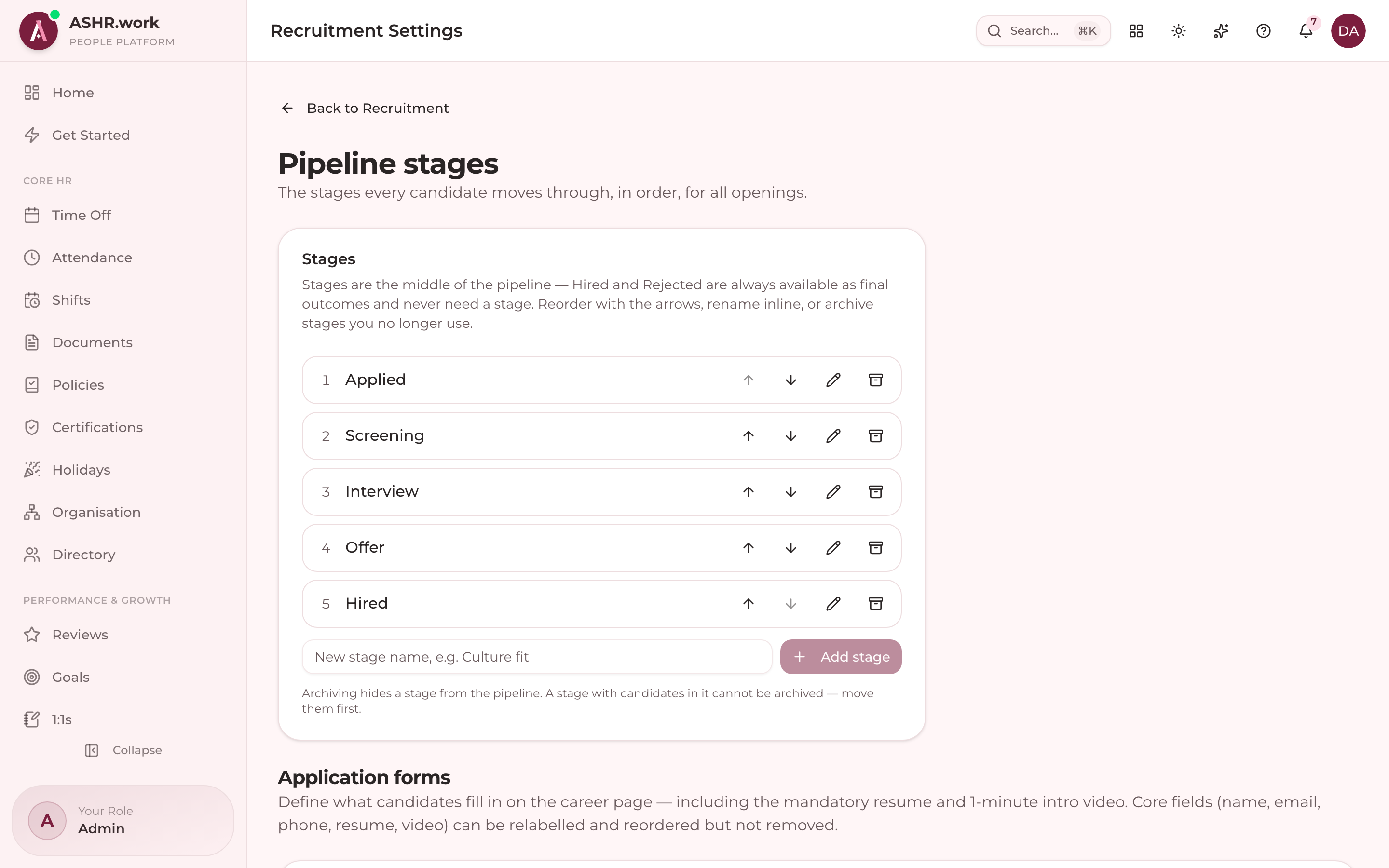 Careers-page and pipeline-stage configuration.