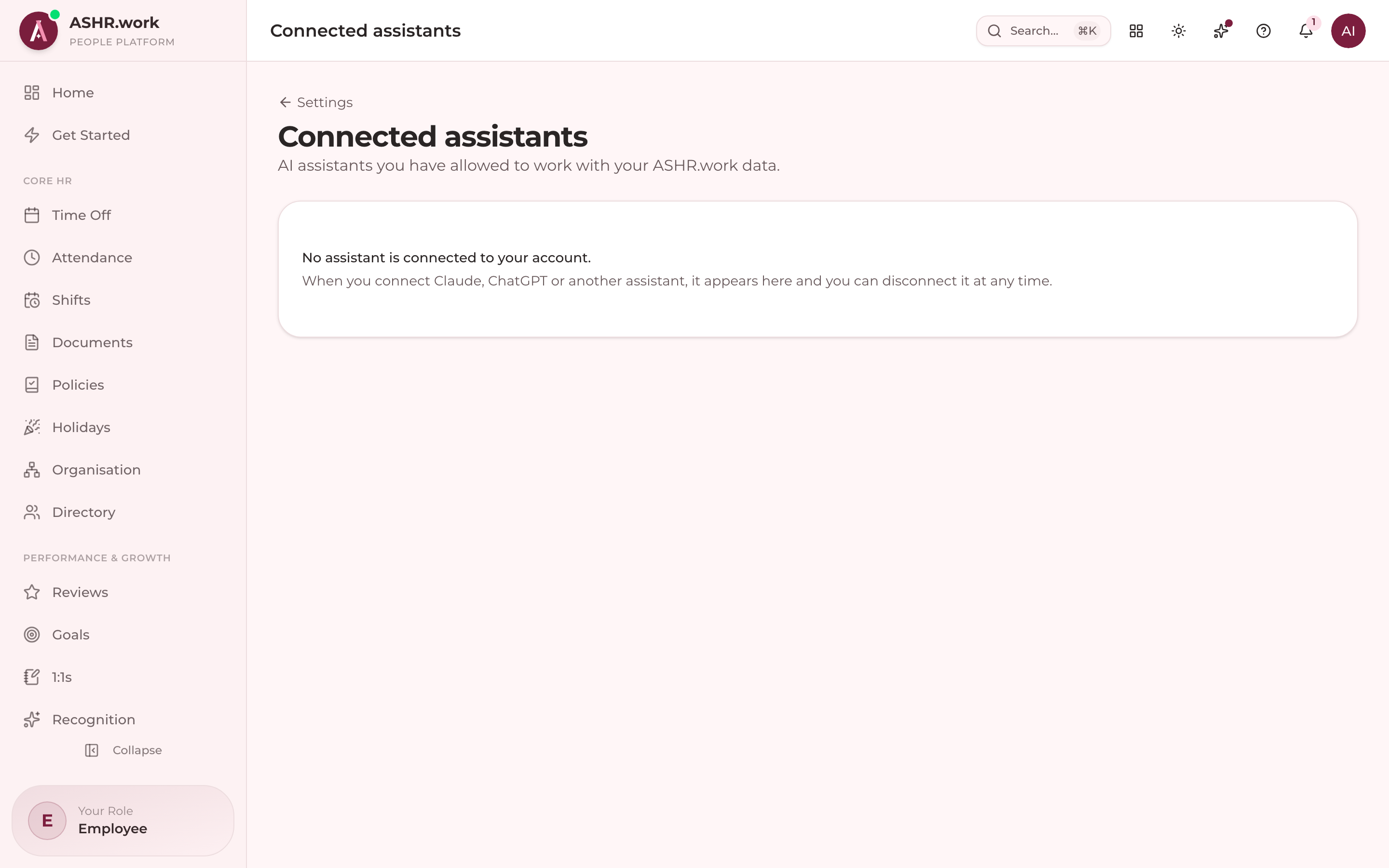 An employee's view of their connected AI assistants.