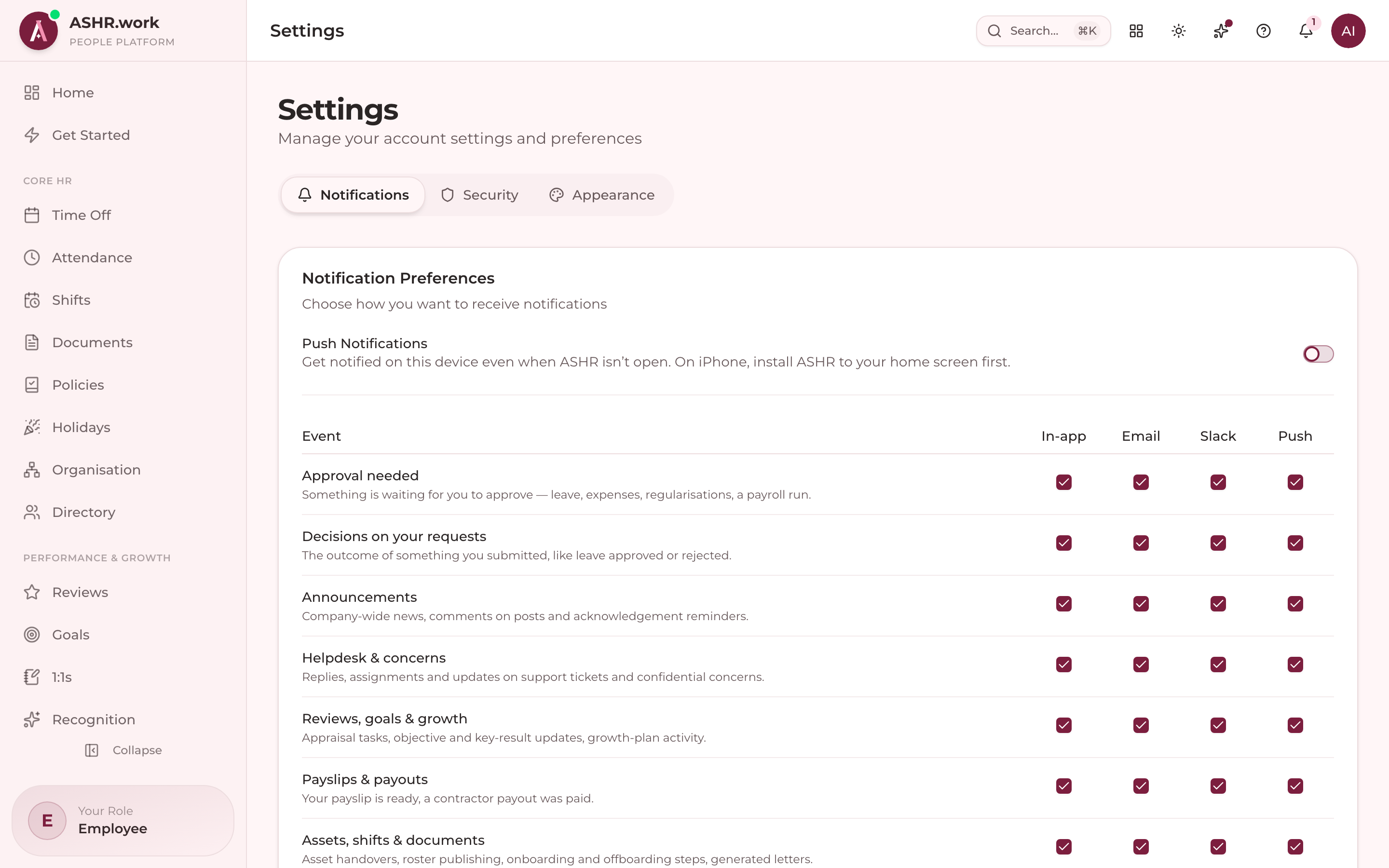 Notification preferences.