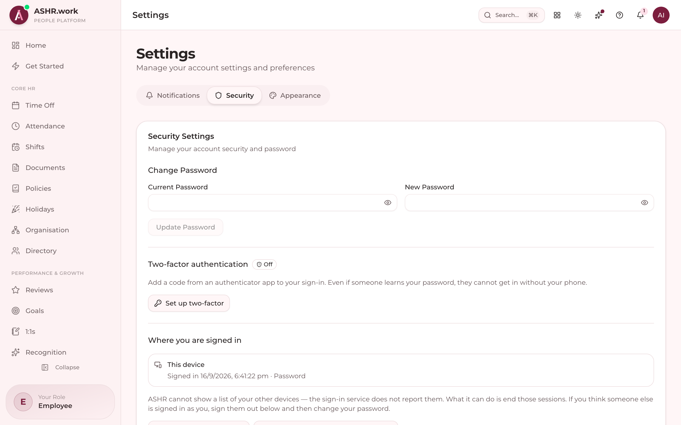 Security settings: password and sessions.