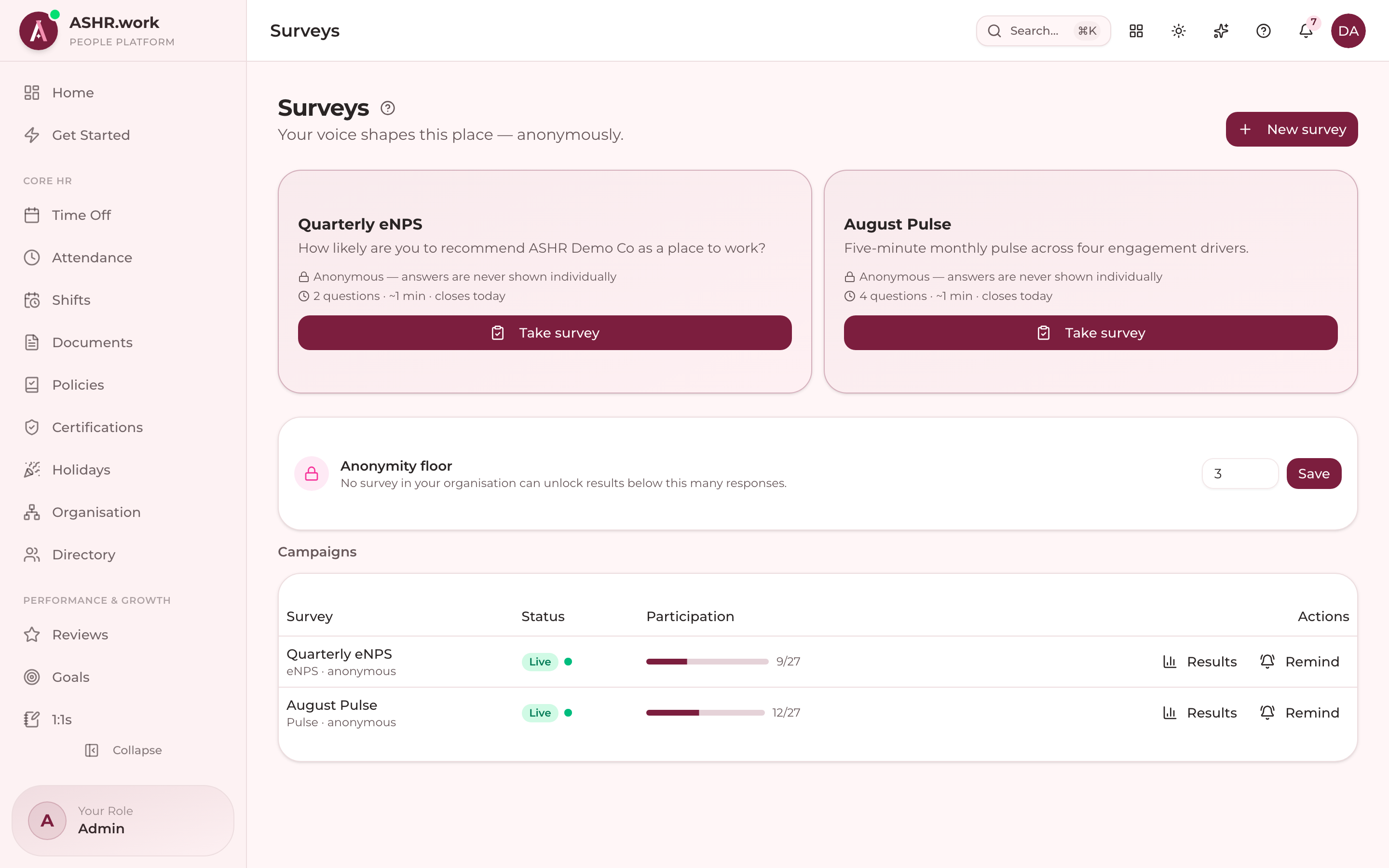 The surveys hub, where results can be read per survey.